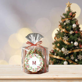 Personalised Christmas Monogram Red-Berry Wreath ラウンドシール