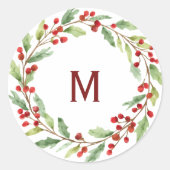 Personalised Christmas Monogram Red-Berry Wreath ラウンドシール (正面)