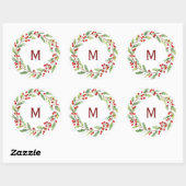 Personalised Christmas Monogram Red-Berry Wreath ラウンドシール (シート)
