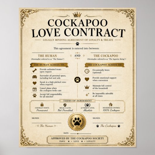 Personalised Cockapoo Love Contract Gift ポスター (正面)