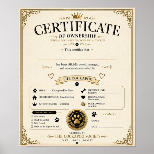 Personalised Cockapoo Owner Certificate – dog gift ポスター (正面)