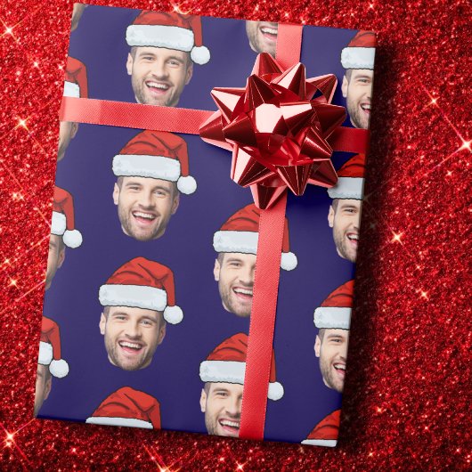 Personalised Dark Blue Face Santa Hat Gift Wrap ラッピングペーパー