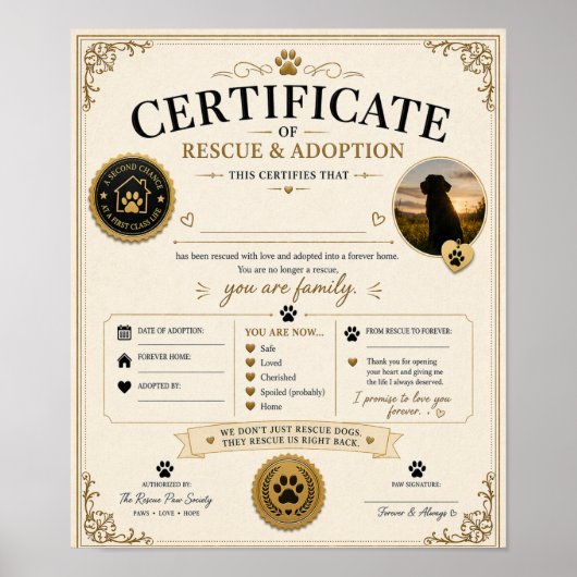 Personalised Dog Adoption Certificate Gift ポスター (正面)