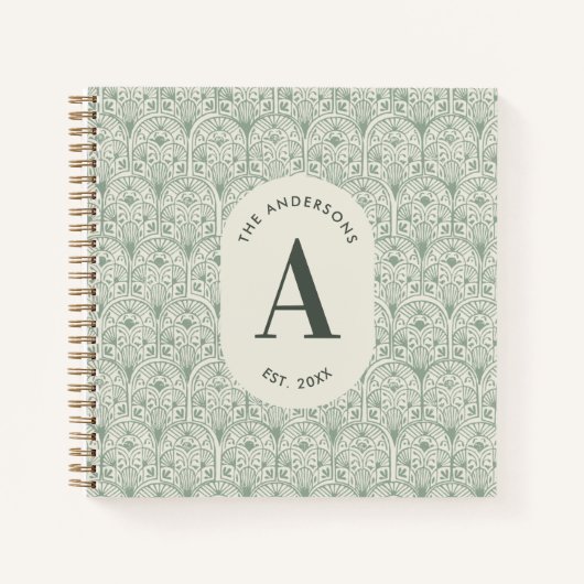 Personalised Family Name Monogram Sage Green Deco ノートブック (正面)