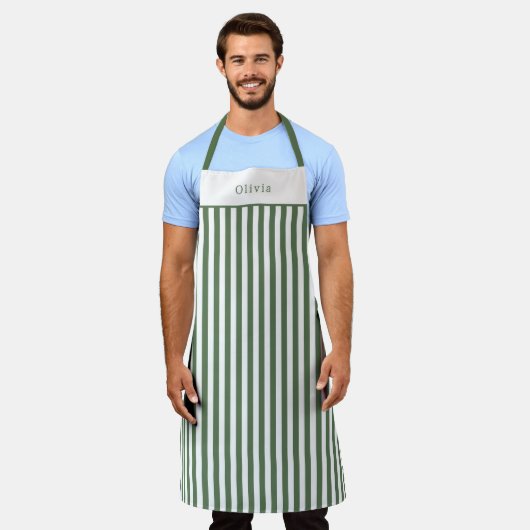 Personalised Forest Green Stripe Pattern Apron エプロン (着用した状態)