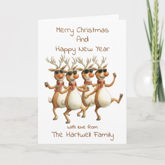 Personalised Funny Watercolour Reindeer Family シーズンカード (正面)