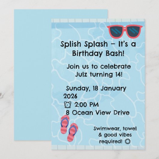 Personalised Kids Pool Party Invitation | Summer 招待状 (正面/裏面)