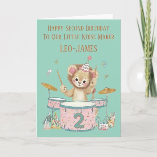 Personalised Lion Playing Drums 2nd Birthday Card カード (正面)