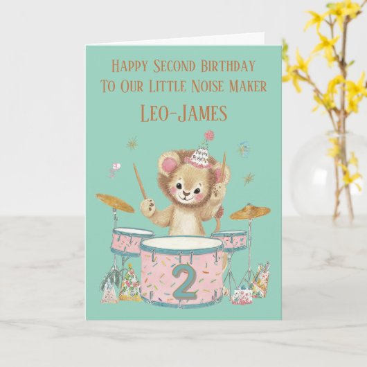 Personalised Lion Playing Drums 2nd Birthday Card カード (黄色い花)