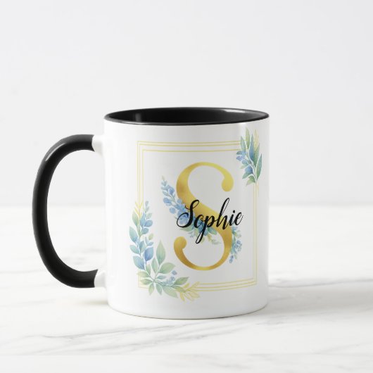 Personalised Name Mug • Gold and Floral Initial マグカップ (左)