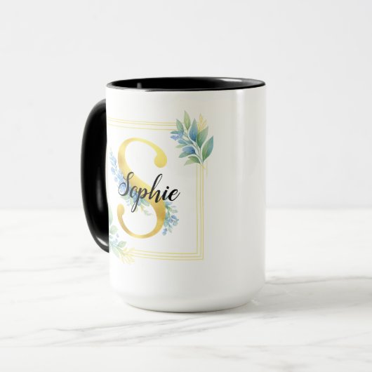 Personalised Name Mug • Gold and Floral Initial マグカップ (正面左)