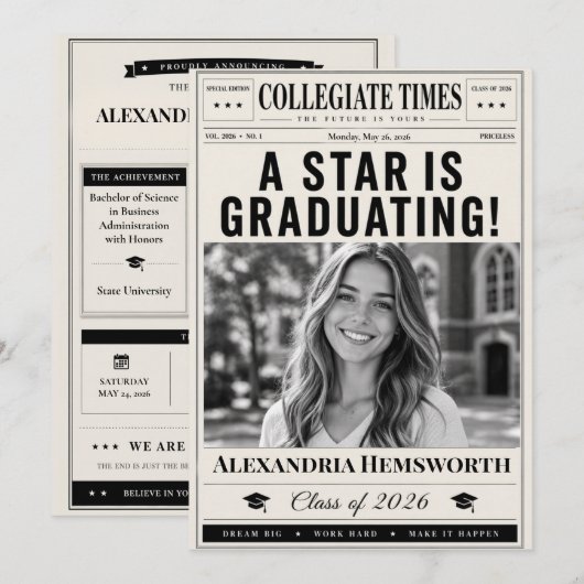 Personalised Newspaper Graduation Announcement 招待状 (正面/裏面)