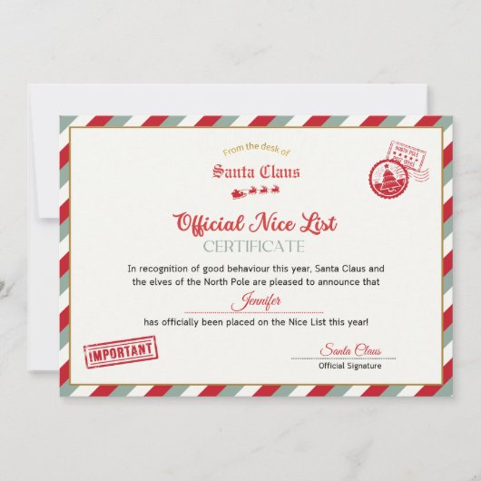 Personalised Official Nice List Certificate Santa 招待状 (正面)