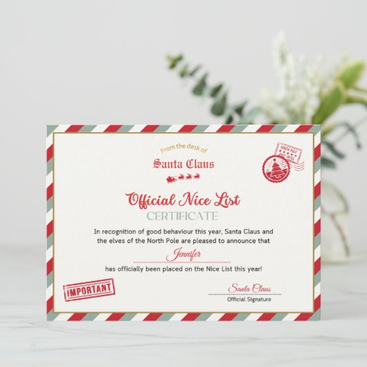 Personalised Official Nice List Certificate Santa 招待状 (スタンド正面)