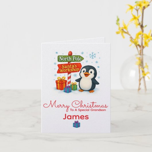 Personalised Penguin Christmas Card カード (黄色い花)