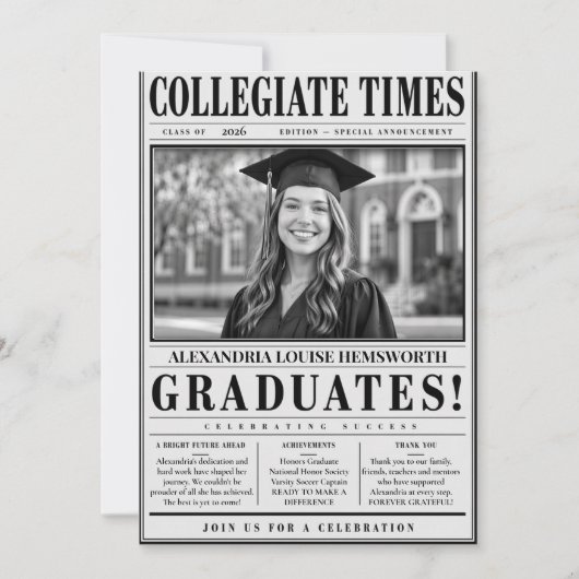 Personalised QR code Newspaper Graduation 招待状 (正面)