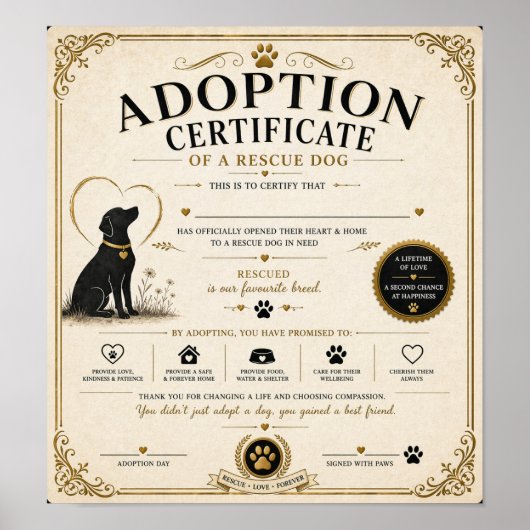 Personalised Rescue Dog Adoption Certificate ポスター (正面)