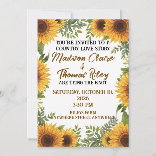 Personalised Sunflower Wedding Invitation | Rustic 招待状 (正面)