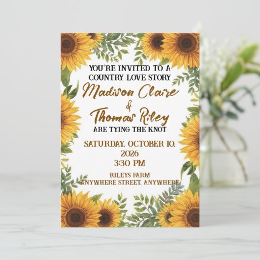 Personalised Sunflower Wedding Invitation | Rustic 招待状 (スタンド正面)