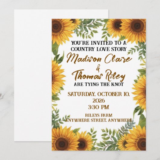 Personalised Sunflower Wedding Invitation | Rustic 招待状 (正面/裏面)