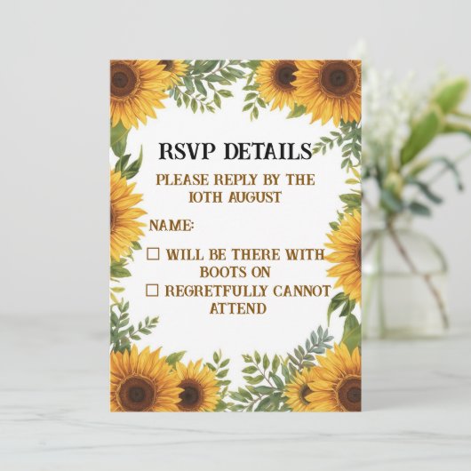 Personalised Sunflower Wedding RSVP Card | Rustic 招待状 (スタンド正面)