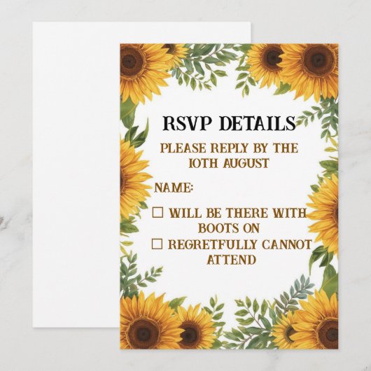 Personalised Sunflower Wedding RSVP Card | Rustic 招待状 (正面/裏面)