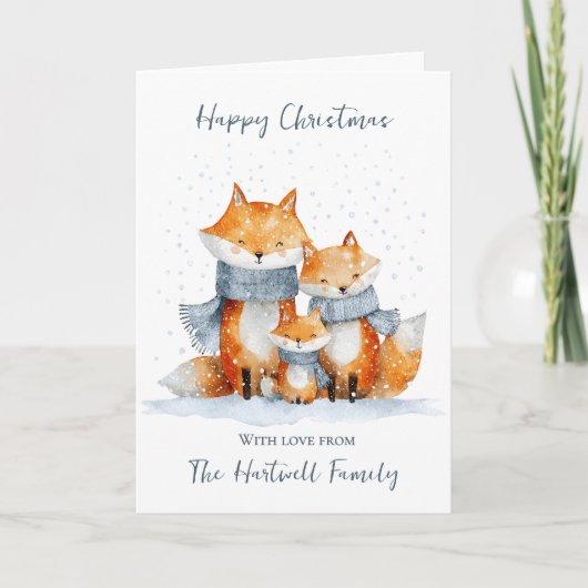 Personalised Watercolour Fox Family Christmas シーズンカード (正面)