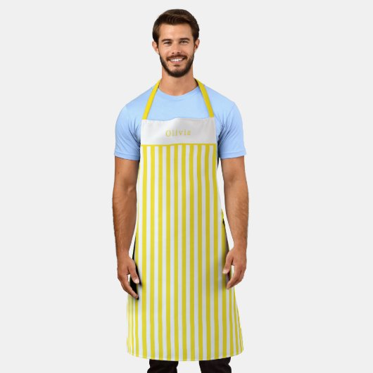Personalised Yellow And White Stripe Pattern Apron エプロン (着用した状態)