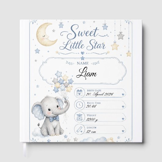 Personalisierbare Baby Geburtstafel mit Elefant ゲストブック (正面)