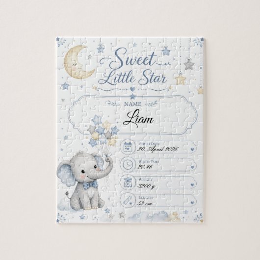 Personalisierbare Baby Geburtstafel mit Elefant  ジグソーパズル (縦)