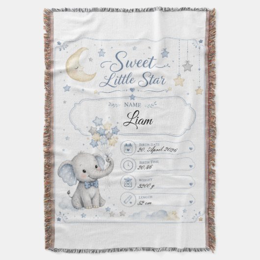 Personalisierbare Baby Geburtstafel mit Elefant  スローブランケット (正面縦)