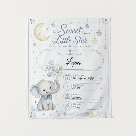 Personalisierbare Baby Geburtstafel mit Elefant  タペストリー (正面)