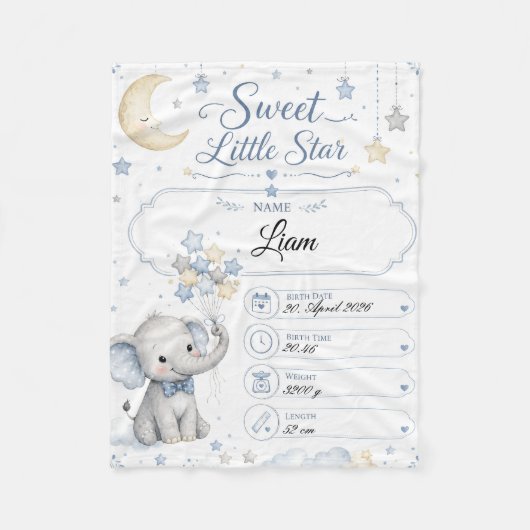 Personalisierbare Baby Geburtstafel mit Elefant  フリースブランケット (正面)