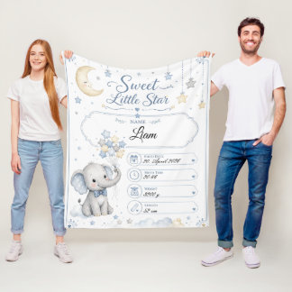 Personalisierbare Baby Geburtstafel mit Elefant フリースブランケット