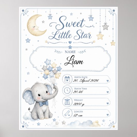 Personalisierbare Baby Geburtstafel mit Elefant ポスター (正面)