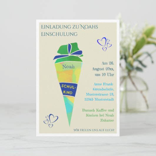 Personalisierbare Einladung Einschulung Junge  招待状 (スタンド正面)