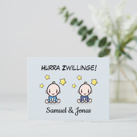 Personalisierte Glückwünsche zur Geburt Zwillinge, ポストカード (スタンド正面)