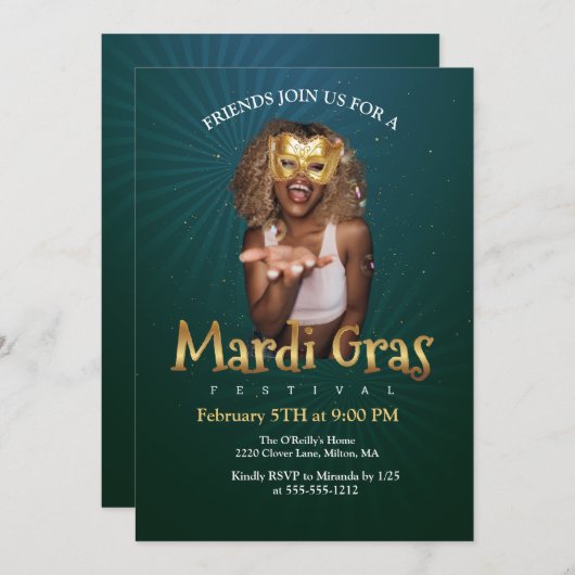 Personalizeフォト金ゴールドマスカレードマスクマルディグラ 招待状 (正面/裏面)