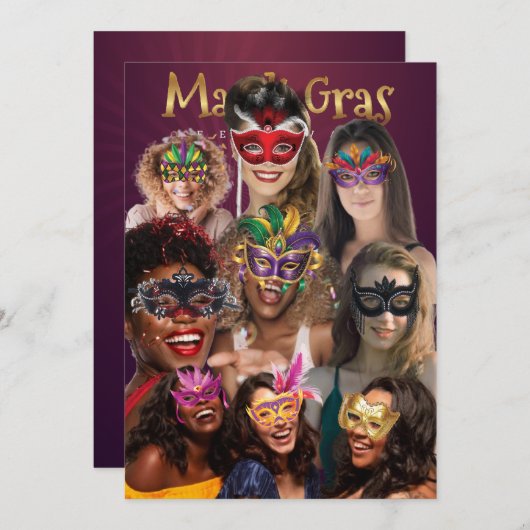 Personalize 9 Photo Masquerade Masks Mardi Gras 招待状 (正面/裏面)