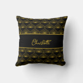 Personalize Art Deco Black & Gold Fan Pattern Name クッション (裏面)