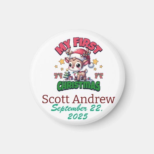 Personalize  Baby First Christmas Brown Santa Deer マグネット (正面)