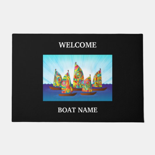 Personalize Blue 航海の Welcome Boat名ストライプ ドアマット (正面)