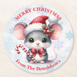 Personalize Christmas Mouse with Family Name ラウンドペーパーコースター
