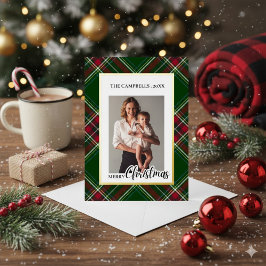 Personalize Colorful Modern Plaid Photo Christmas 箔シーズンカード