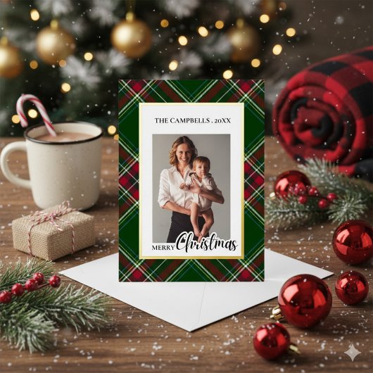 Personalize Colorful Modern Plaid Photo Christmas  箔シーズンカード
