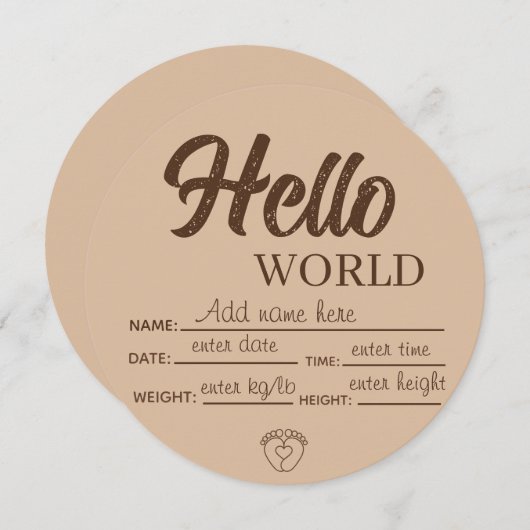Personalize Custom Hello World Baby Sign Printable 招待状 (正面/裏面)