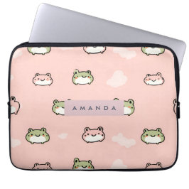 Personalize Cute Kawaii Pastel Frog Design on Pink ラップトップスリーブ