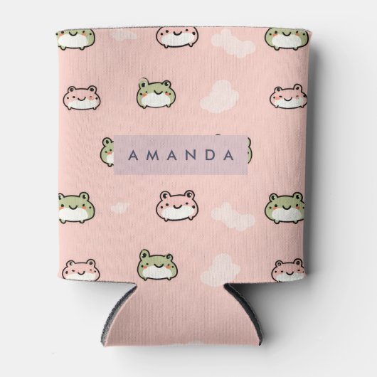 Personalize Cute Kawaii Pastel Frog Design on Pink 缶クーラー (正面)