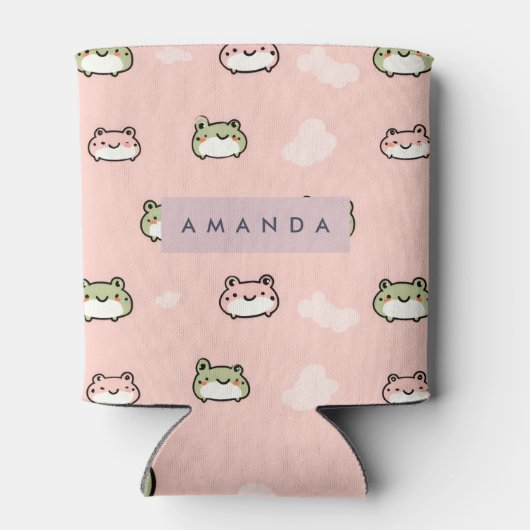 Personalize Cute Kawaii Pastel Frog Design on Pink 缶クーラー (裏面)