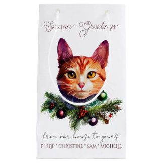 Personalize Cute Orange Cat Christmas スモールペーパーバッグ